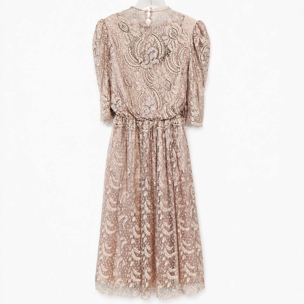 VTG Rina di Montella Lace Midi Dress 10 Champagne Sequin Beaded Cocktail Cottage - Picture 3 of 16